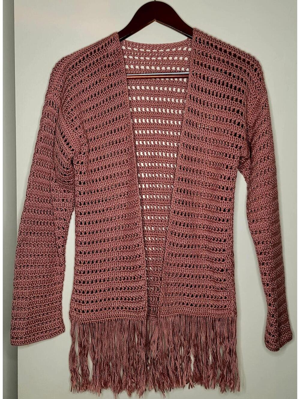 Pink Crochet Open Front Cardigan with Fringe